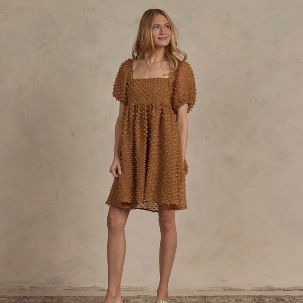 Noralee Golden Tan Luna Babydoll Puff Sleeve French Dot Mini Dress